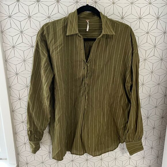 Free People Olive Stripe Oversized Top - Picture 1 of 5